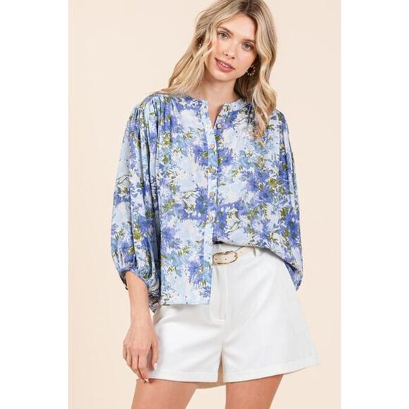 Mittoshop Flower Print Batwing Sleeves Button Down Relaxed Fit Blouse | Blue - Picture 7 of 7